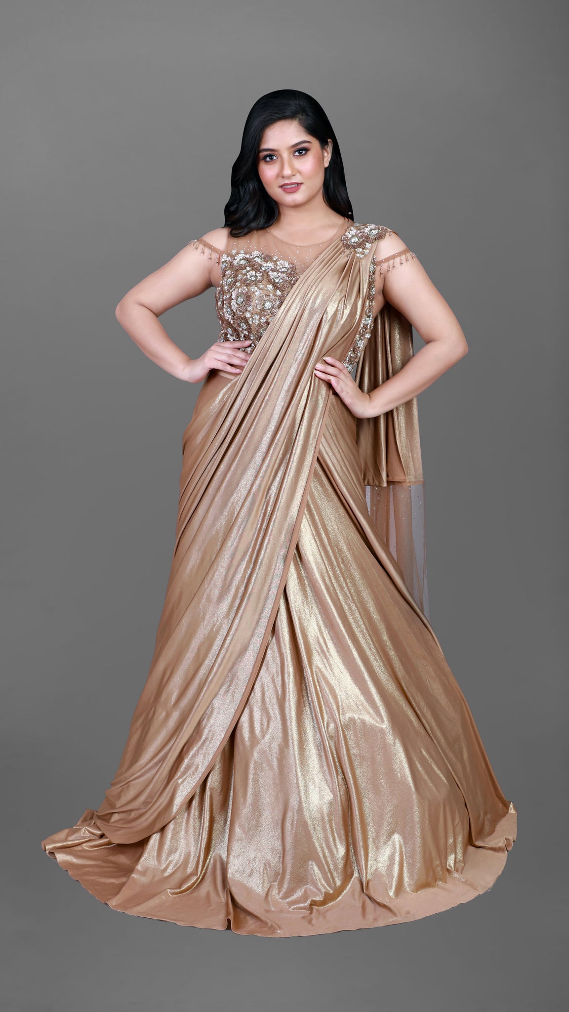 Gown : Beige georgette golden sequence work party wear gown