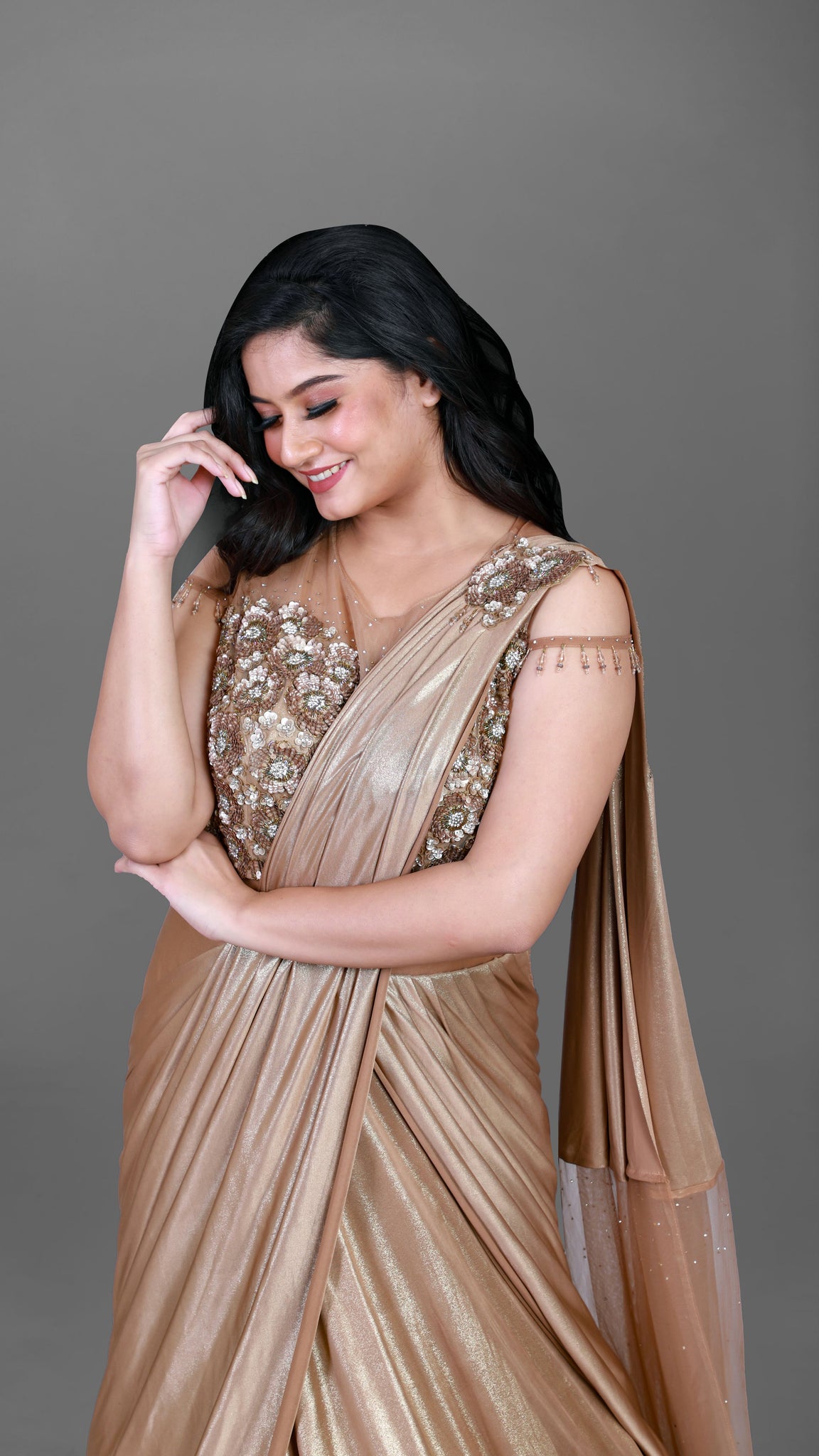 Gold Dust Colour Ready to Wear Drape Gown In Shimmer Lycra With Heavy –  Vidhaata's Selection