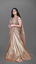 Load image into Gallery viewer, Gold Dust Colour Ready to Wear Drape Gown In Shimmer Lycra With Heavy Handwork Blouse
