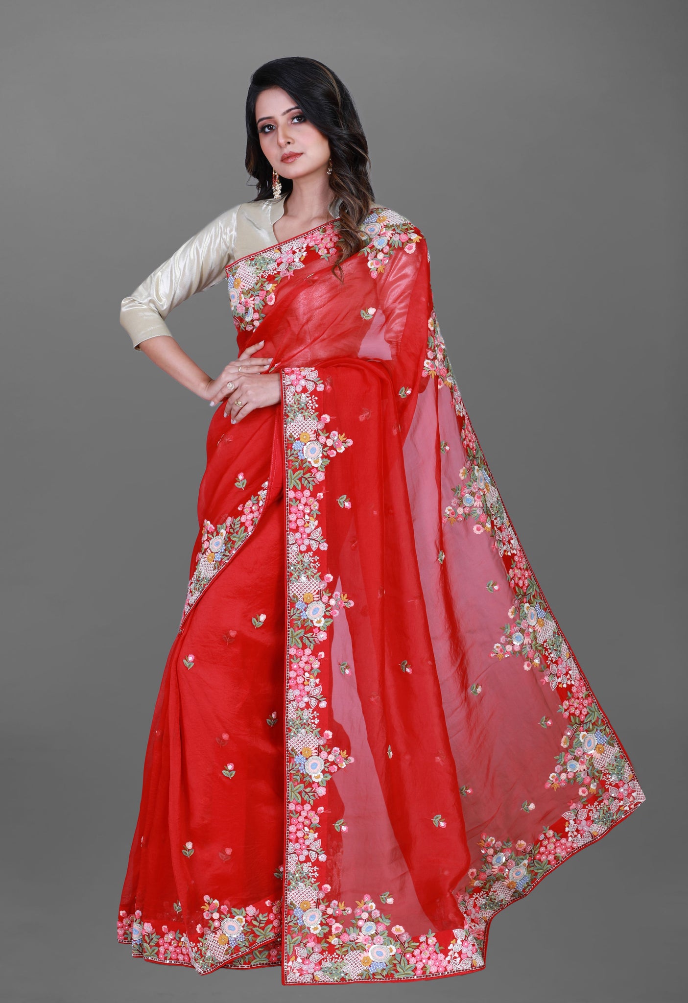 Red Ajrakh Pure Bandhani Silk Saree – Geroo Jaipur