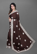 Load image into Gallery viewer, Chocolate Brown Bridal Saree In Pure imported Satin Fabric With Zardozi Handwork and Heavy Blouse

