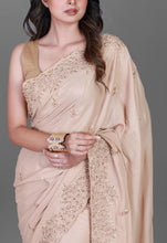 Load image into Gallery viewer, Golden Imported Shimmer Saree With Pearl Work Border and Heavy Blouse
