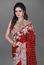 Load image into Gallery viewer, Dark Red Bridal Saree In Pure imported Satin Fabric With Zardozi Handwork and Heavy Blouse
