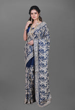 Load image into Gallery viewer, Navy Blue Bridal Saree In Pure imported Satin Fabric With Zardozi Handwork and Heavy Blouse
