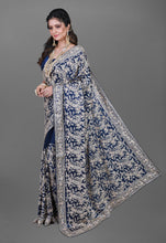 Load image into Gallery viewer, Navy Blue Bridal Saree In Pure imported Satin Fabric With Zardozi Handwork and Heavy Blouse
